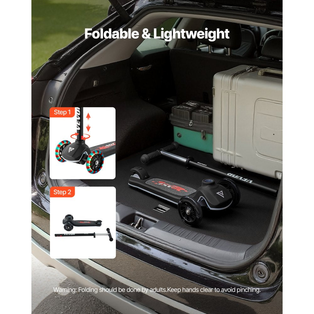 VEVOR Kick Scooter for Kids Ages 3+, 3-Wheel Toddler Scooter with Light-Up Wheels, Adjustable Height Handlebar, Wide Anti-Slip Deck, Lightweight Aluminum Frame for Boys & Girls up to 165 lbs, Black