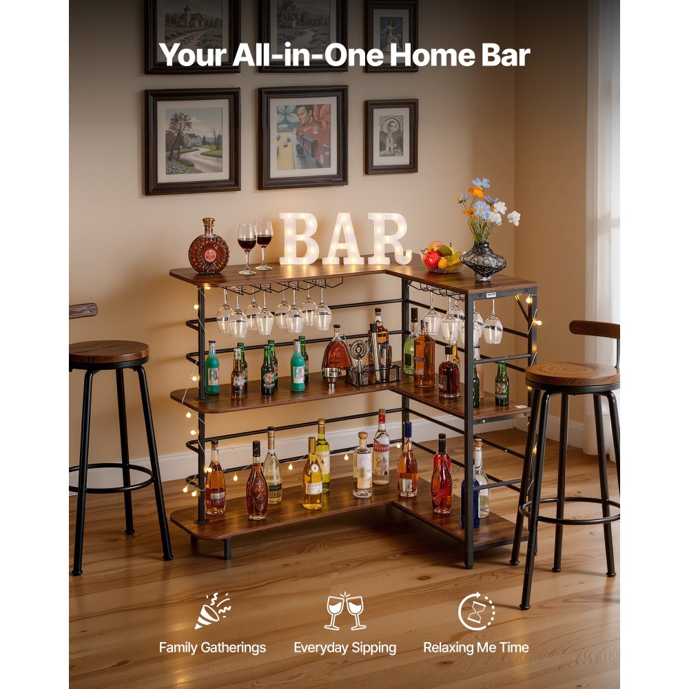 VEVOR Home Bar Unit, L-Shaped Wine Bar Cabinet Table 3-Tier with Storage Shelves, Adjustable Foot Pads, LED Light, Walnut Finish & Metal Frame Liquor Cabinet for Home, Kitchen,Living Room,Pub,Basement