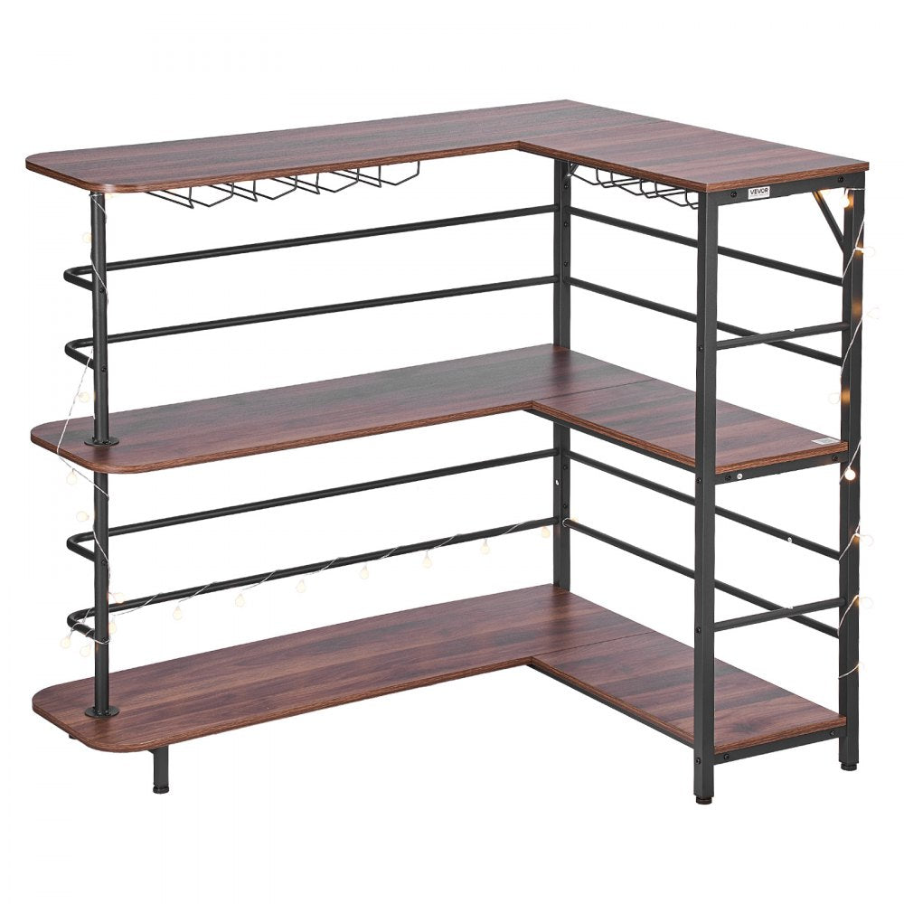 VEVOR Home Bar Unit, L-Shaped Wine Bar Cabinet Table 3-Tier with Storage Shelves, Adjustable Foot Pads, LED Light, Walnut Finish & Metal Frame Liquor Cabinet for Home, Kitchen,Living Room,Pub,Basement