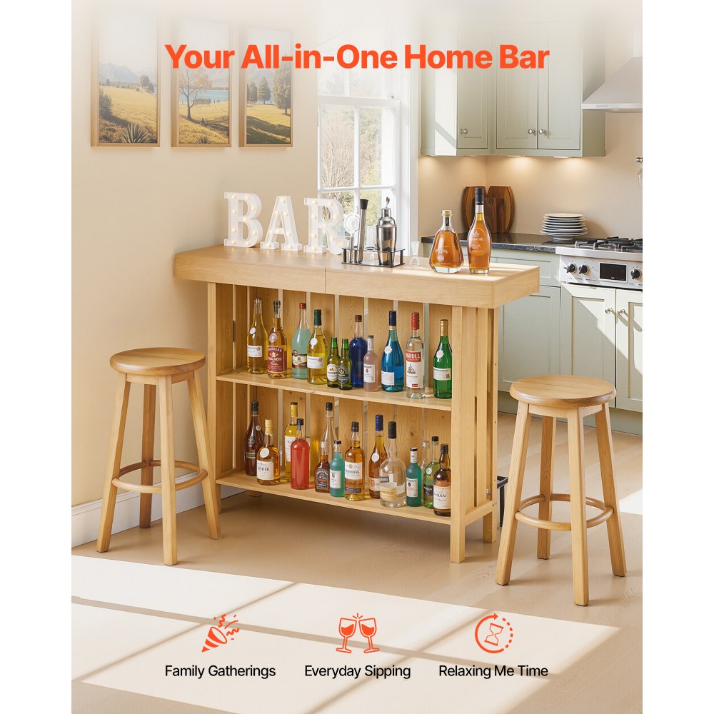 VEVOR Home Bar Unit, Wine Bar Cabinet Table 3-Tier with Storage Shelves, Opener Storage Box & Adjustable Foot Pads, Black Footrest, Wood & Metal Liquor Cabinet for Home, Basement, Kitchen, Living Room