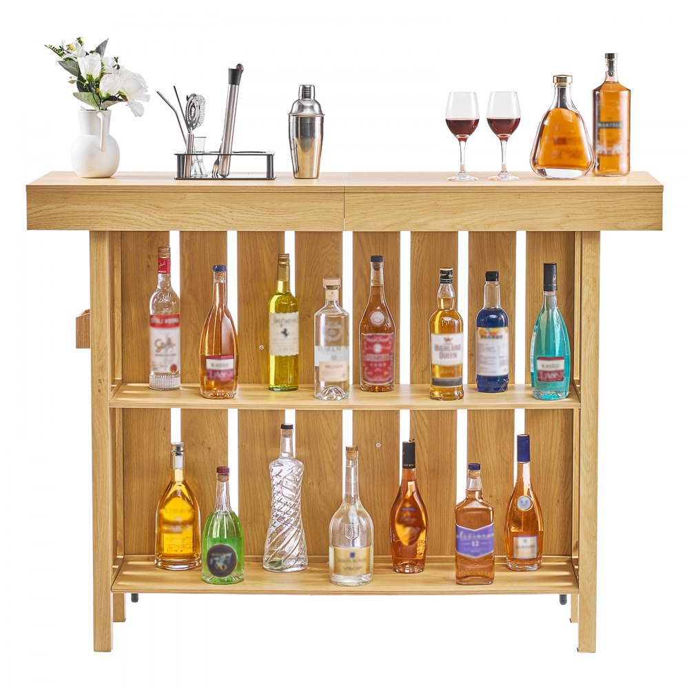 VEVOR Home Bar Unit, Wine Bar Cabinet Table 3-Tier with Storage Shelves, Opener Storage Box & Adjustable Foot Pads, Black Footrest, Wood & Metal Liquor Cabinet for Home, Basement, Kitchen, Living Room