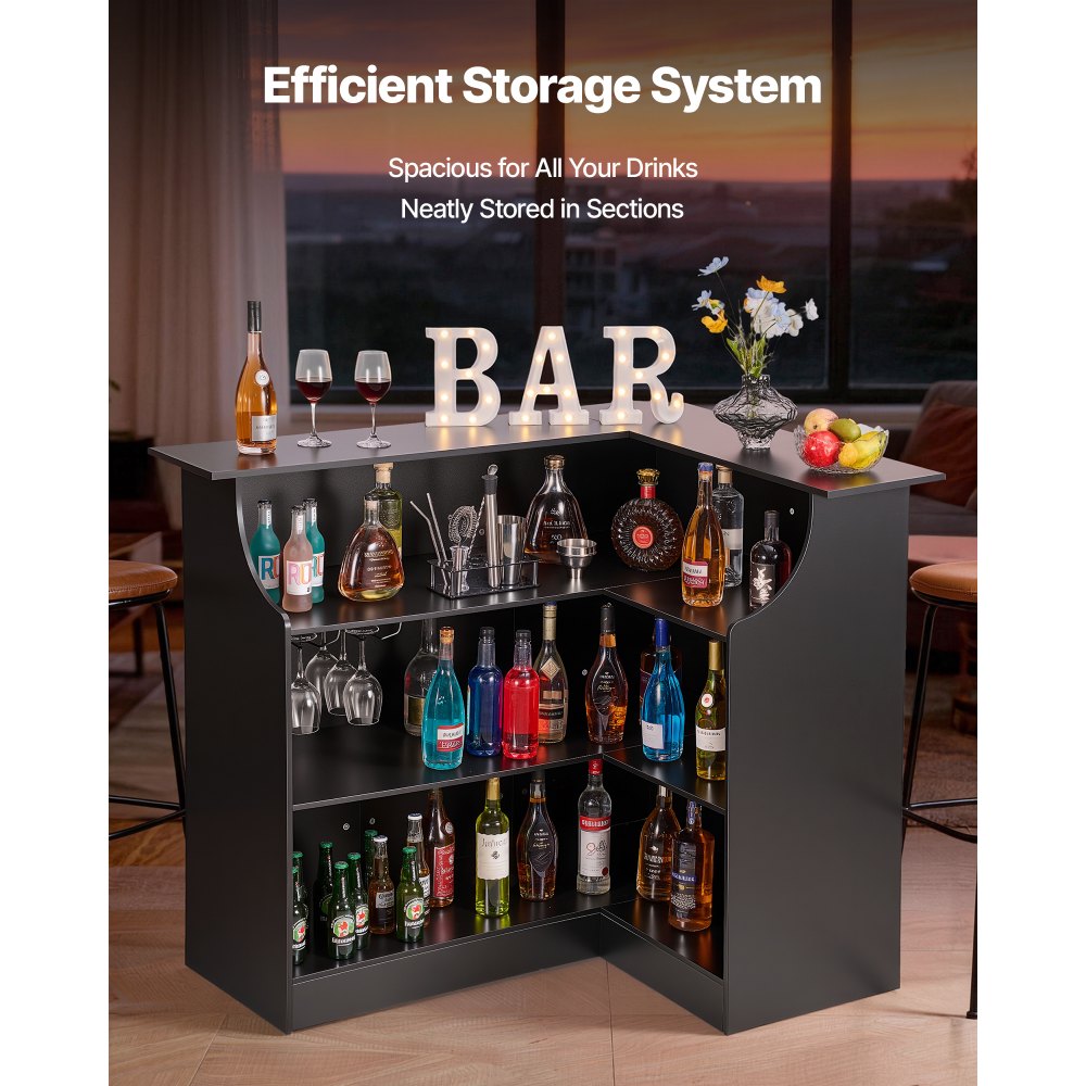 VEVOR Home Bar Unit, L-Shaped Wine Bar Cabinet Table 4-Tier with Storage Shelves,  Wine Glass Holder, 300 lbs Max Capacity, Wood Liquor Cabinet for Home, Kitchen, Living Room, Pub, Basement, Black