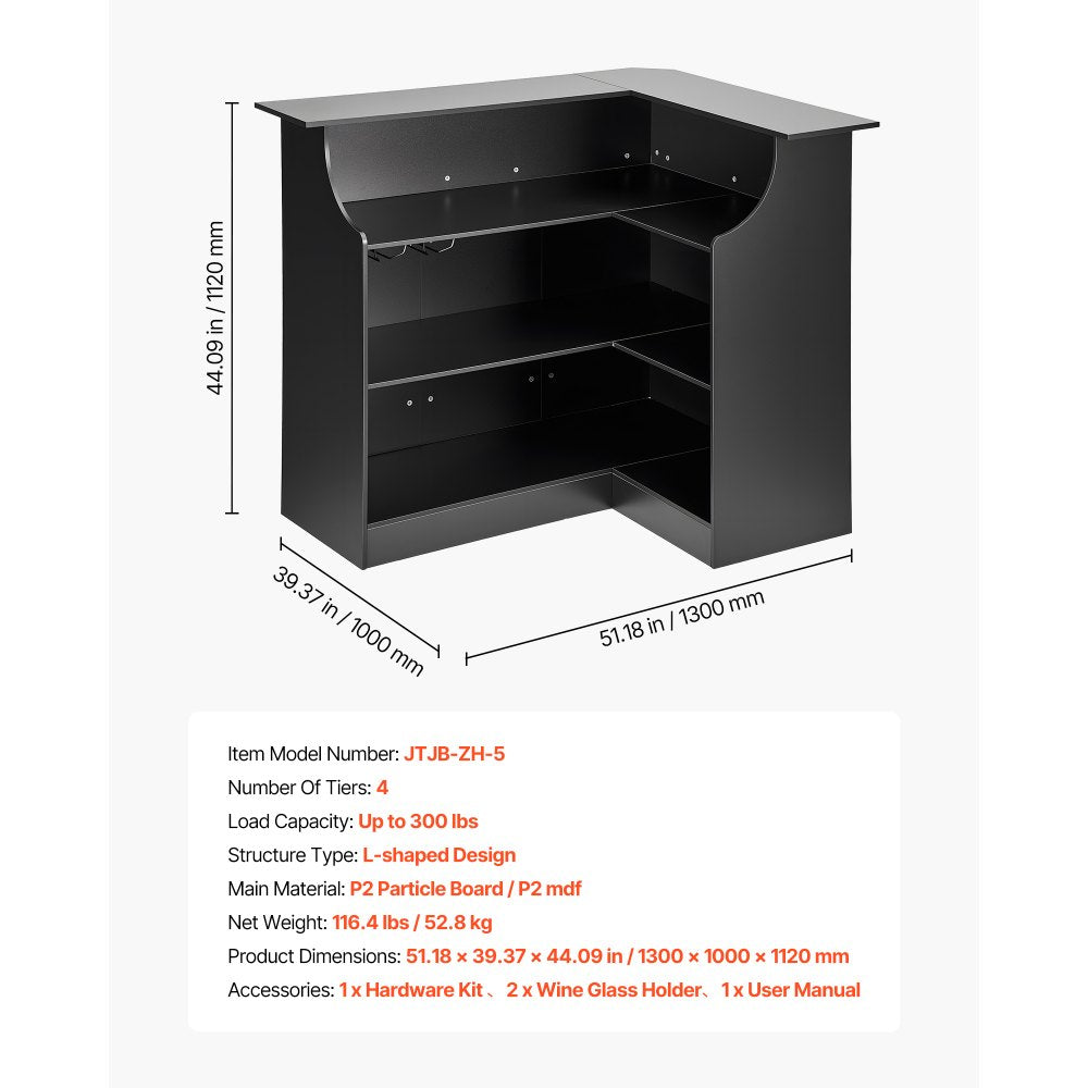 VEVOR Home Bar Unit, L-Shaped Wine Bar Cabinet Table 4-Tier with Storage Shelves,  Wine Glass Holder, 300 lbs Max Capacity, Wood Liquor Cabinet for Home, Kitchen, Living Room, Pub, Basement, Black