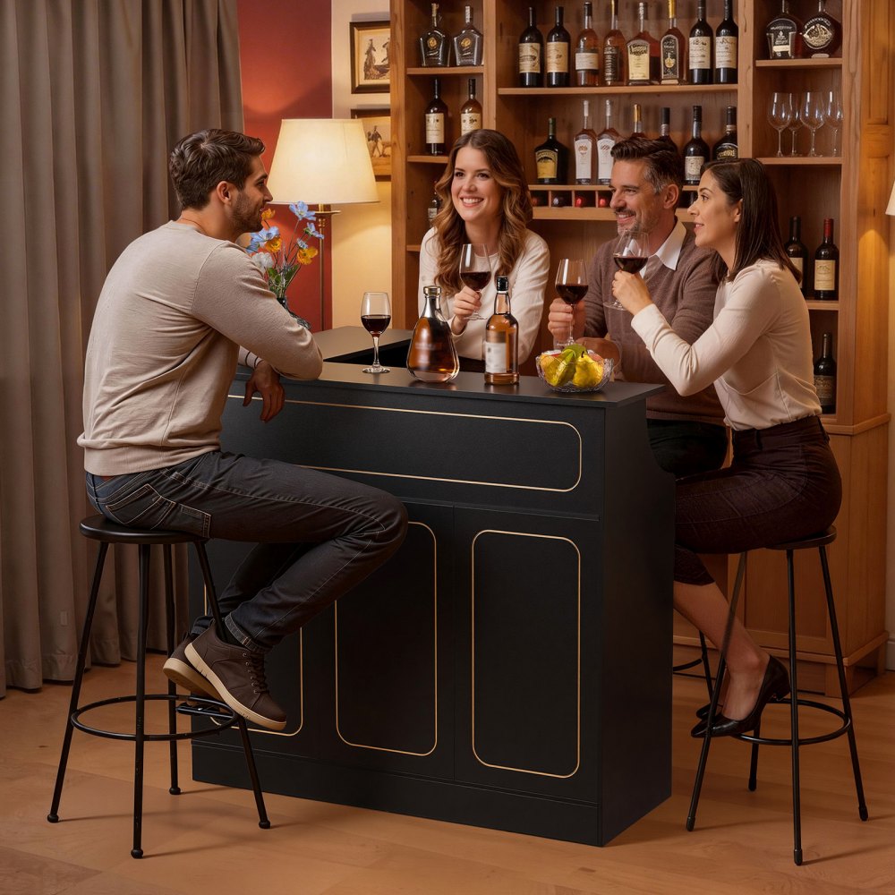 VEVOR Home Bar Unit, L-Shaped Wine Bar Cabinet Table 4-Tier with Storage Shelves,  Wine Glass Holder, 300 lbs Max Capacity, Wood Liquor Cabinet for Home, Kitchen, Living Room, Pub, Basement, Black