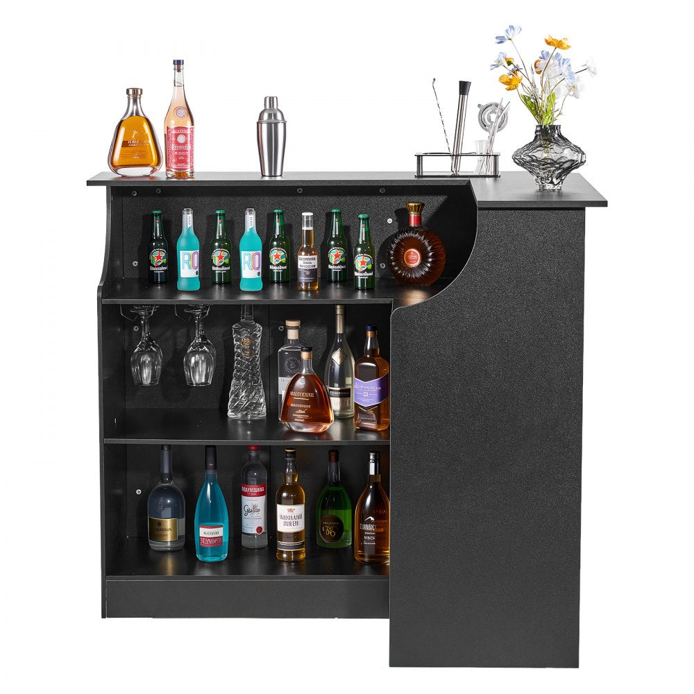 VEVOR Home Bar Unit, L-Shaped Wine Bar Cabinet Table 4-Tier with Storage Shelves,  Wine Glass Holder, 300 lbs Max Capacity, Wood Liquor Cabinet for Home, Kitchen, Living Room, Pub, Basement, Black