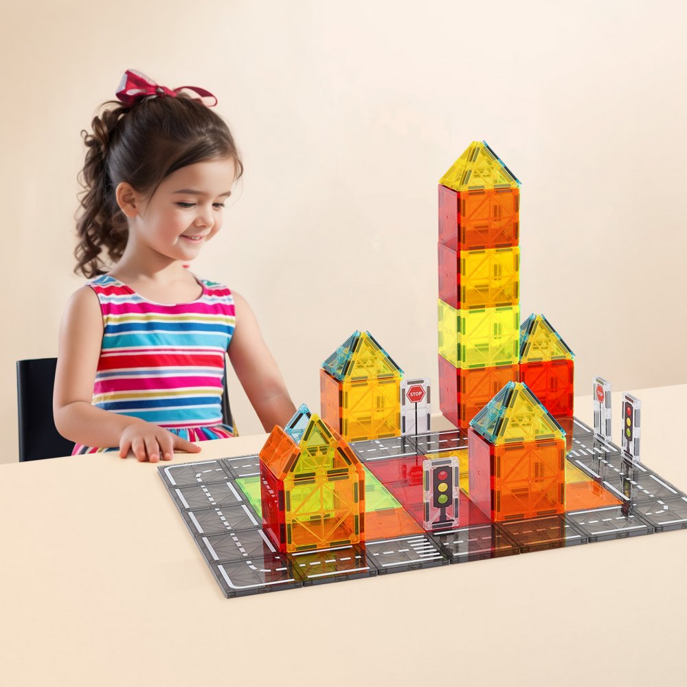 VEVOR Magnetic Tiles, 56 PCS Magnetic Road Building Blocks for Kids, Magnet Building Set with Storage Bag, STEM Sensory Educational City Construction Stacking Toys Gift for Toddlers Boys Girls Aged 3+