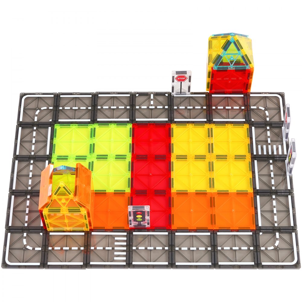 VEVOR Magnetic Tiles, 56 PCS Magnetic Road Building Blocks for Kids, Magnet Building Set with Storage Bag, STEM Sensory Educational City Construction Stacking Toys Gift for Toddlers Boys Girls Aged 3+