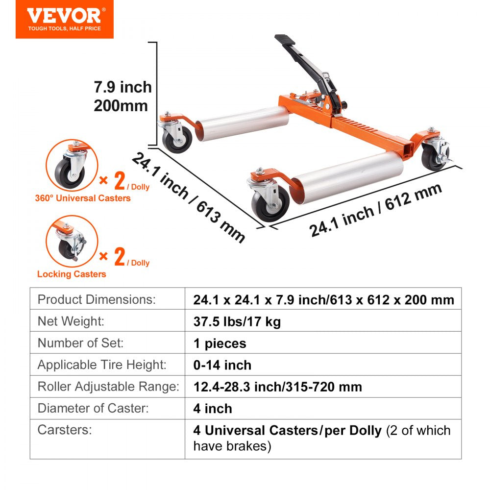 VEVOR Wheel Dolly, 1 Set Wheel Dolly Car Skate, Heavy Duty Vehicle Positioning with Ratcheting Foot Pedal, Ratchet Type Tire Skate Tire Jack for Car Truck RV Trailer, 1500 LBS