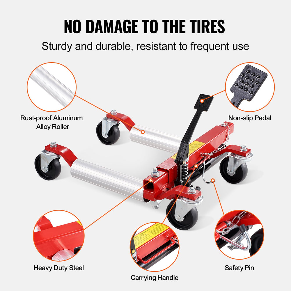 VEVOR hydraulic wheel dolly - feature image: no damage to tires, aluminum alloy roller, non-slip pedal, safety pin, carrying handle