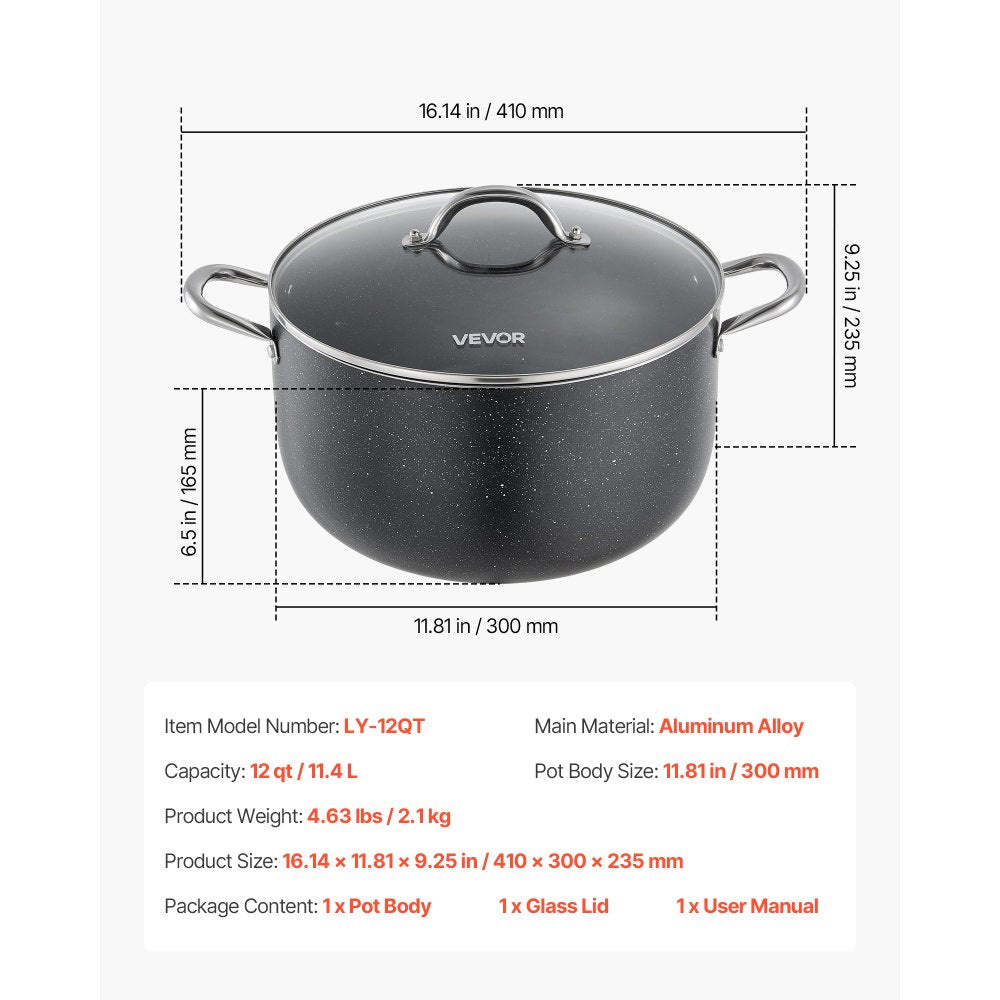 VEVOR Aluminum Stock Pot, 12-Quart Nonstick Ceramic Coated Pot with Glass Lid, PFOA-Free, PFAS-Free, Compatible with Gas Stoves, Induction Cooktops, Electric Stoves, for Soups, Stews, and Pasta
