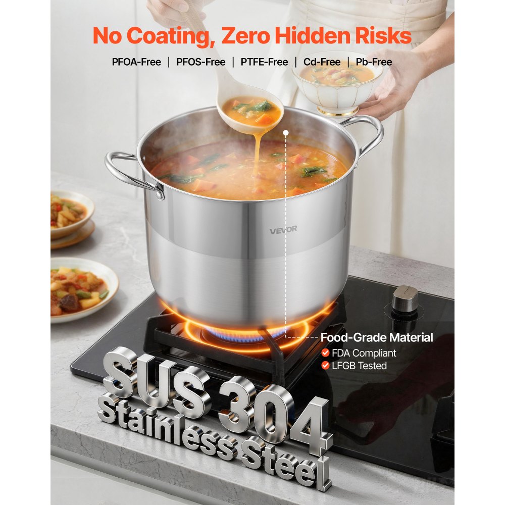 VEVOR Stainless Steel Stock Pot, 16-Quart Stainless Steel Stockpot with Glass Lid, PFOA-Free, PFAS-Free, Compatible with Gas Stoves, Induction Cooktops, Electric Stoves, for Soups, Stews, and Pasta