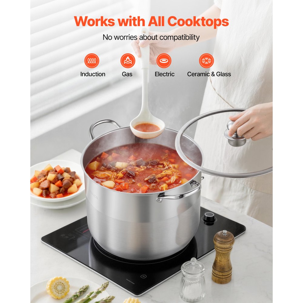 VEVOR Stainless Steel Stock Pot, 16-Quart Stainless Steel Stockpot with Glass Lid, PFOA-Free, PFAS-Free, Compatible with Gas Stoves, Induction Cooktops, Electric Stoves, for Soups, Stews, and Pasta