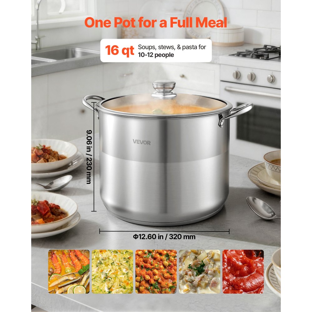 VEVOR Stainless Steel Stock Pot, 16-Quart Stainless Steel Stockpot with Glass Lid, PFOA-Free, PFAS-Free, Compatible with Gas Stoves, Induction Cooktops, Electric Stoves, for Soups, Stews, and Pasta