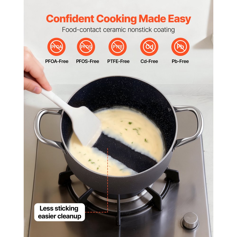 VEVOR Aluminum Stock Pot, 6-Quart Nonstick Ceramic Coated Pot with Glass Lid, PFOA-Free, PFAS-Free, Compatible with Gas Stoves, Induction Cooktops, Electric Stoves, for Soups, Stews, and Pasta