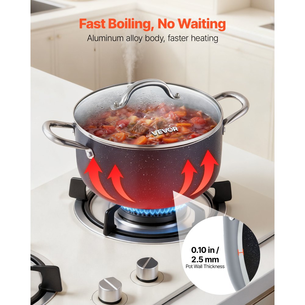 VEVOR Aluminum Stock Pot, 6-Quart Nonstick Ceramic Coated Pot with Glass Lid, PFOA-Free, PFAS-Free, Compatible with Gas Stoves, Induction Cooktops, Electric Stoves, for Soups, Stews, and Pasta