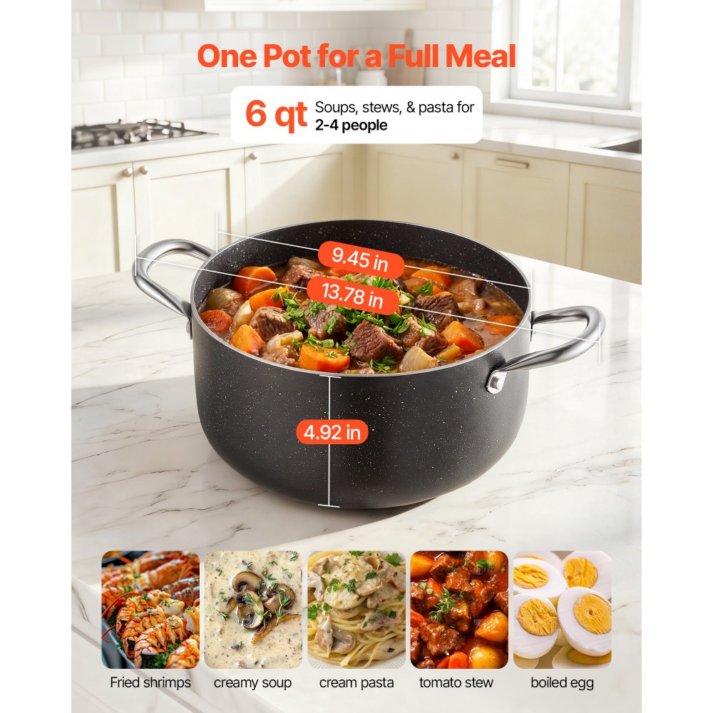 VEVOR Aluminum Stock Pot, 6-Quart Nonstick Ceramic Coated Pot with Glass Lid, PFOA-Free, PFAS-Free, Compatible with Gas Stoves, Induction Cooktops, Electric Stoves, for Soups, Stews, and Pasta