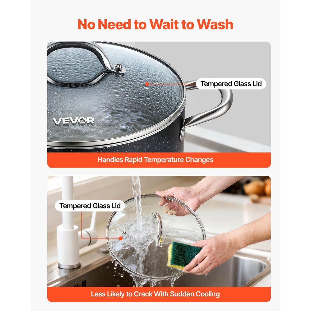 VEVOR Aluminum Stock Pot, 6-Quart Nonstick Ceramic Coated Pot with Glass Lid, PFOA-Free, PFAS-Free, Compatible with Gas Stoves, Induction Cooktops, Electric Stoves, for Soups, Stews, and Pasta