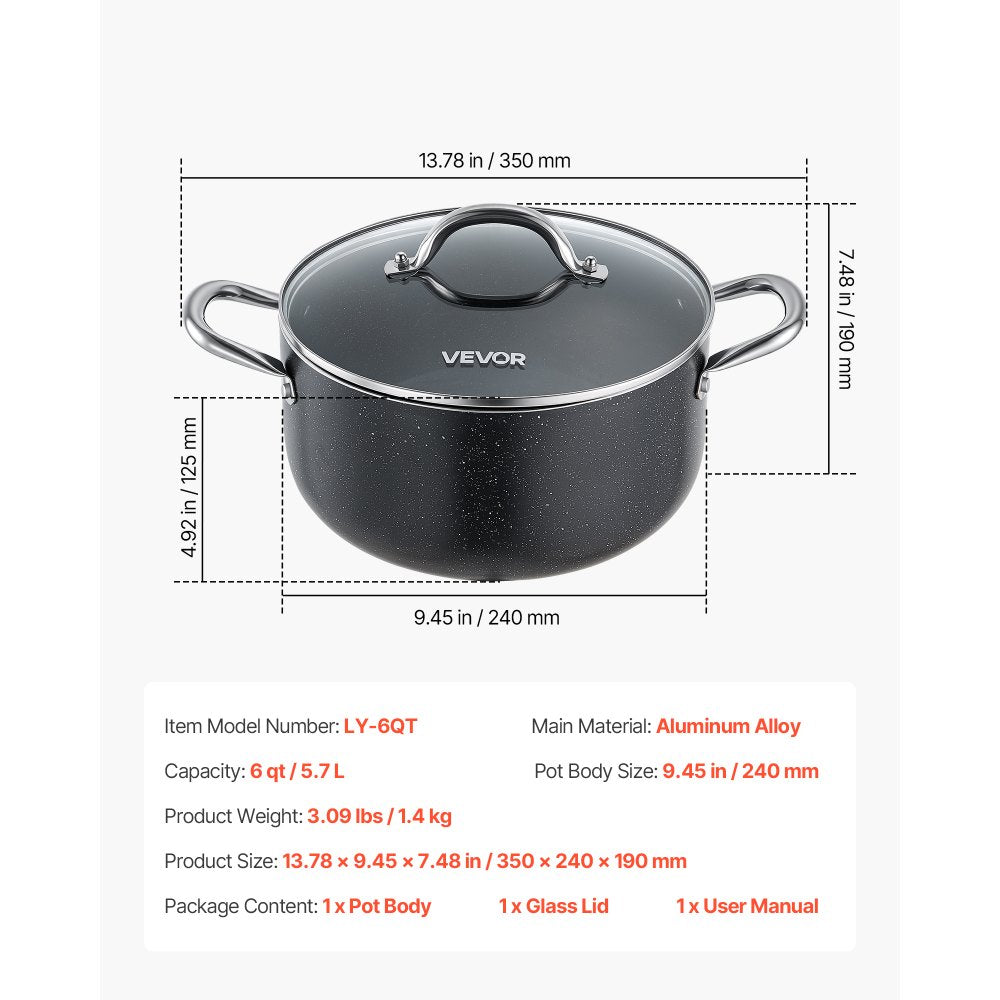 VEVOR Aluminum Stock Pot, 6-Quart Nonstick Ceramic Coated Pot with Glass Lid, PFOA-Free, PFAS-Free, Compatible with Gas Stoves, Induction Cooktops, Electric Stoves, for Soups, Stews, and Pasta
