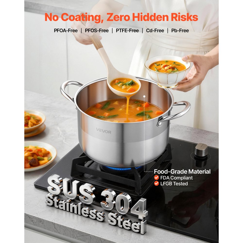VEVOR Stainless Steel Stock Pot, 8-Quart Stainless Steel Stockpot with Glass Lid, PFOA-Free, PFAS-Free, Compatible with Gas Stoves, Induction Cooktops, Electric Stoves, for Soups, Stews, and Pasta