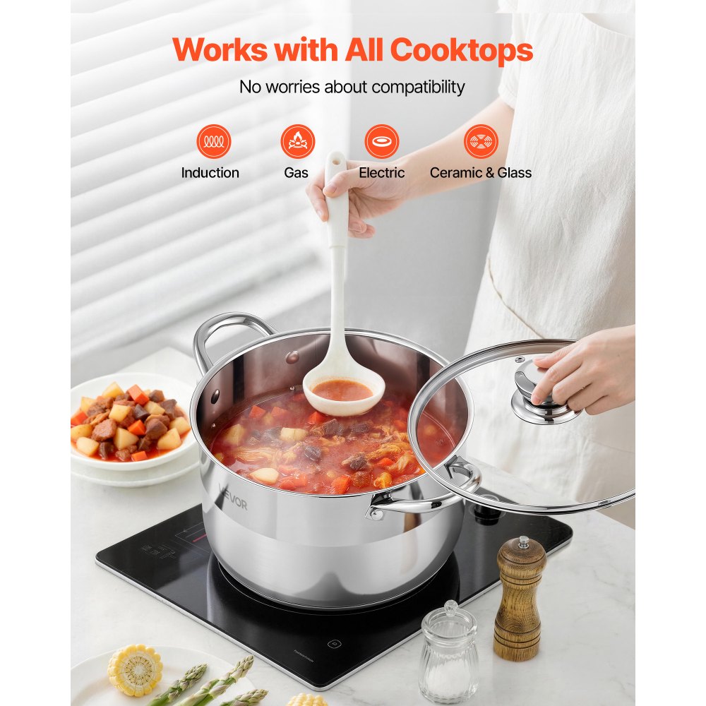 VEVOR Stainless Steel Stock Pot, 8-Quart Stainless Steel Stockpot with Glass Lid, PFOA-Free, PFAS-Free, Compatible with Gas Stoves, Induction Cooktops, Electric Stoves, for Soups, Stews, and Pasta