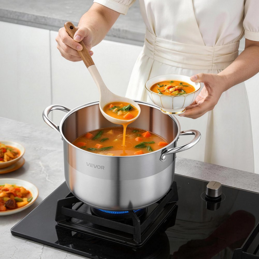 VEVOR Stainless Steel Stock Pot, 8-Quart Stainless Steel Stockpot with Glass Lid, PFOA-Free, PFAS-Free, Compatible with Gas Stoves, Induction Cooktops, Electric Stoves, for Soups, Stews, and Pasta