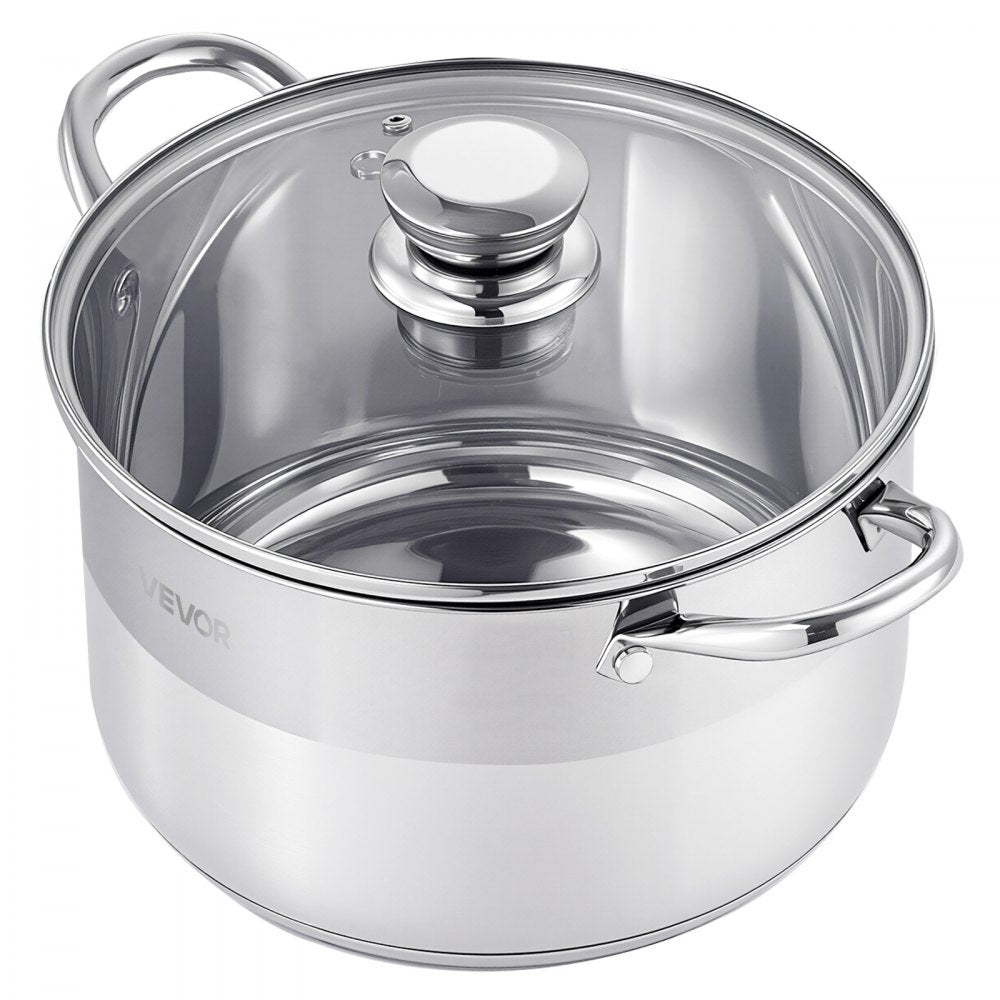 VEVOR Stainless Steel Stock Pot, 8-Quart Stainless Steel Stockpot with Glass Lid, PFOA-Free, PFAS-Free, Compatible with Gas Stoves, Induction Cooktops, Electric Stoves, for Soups, Stews, and Pasta