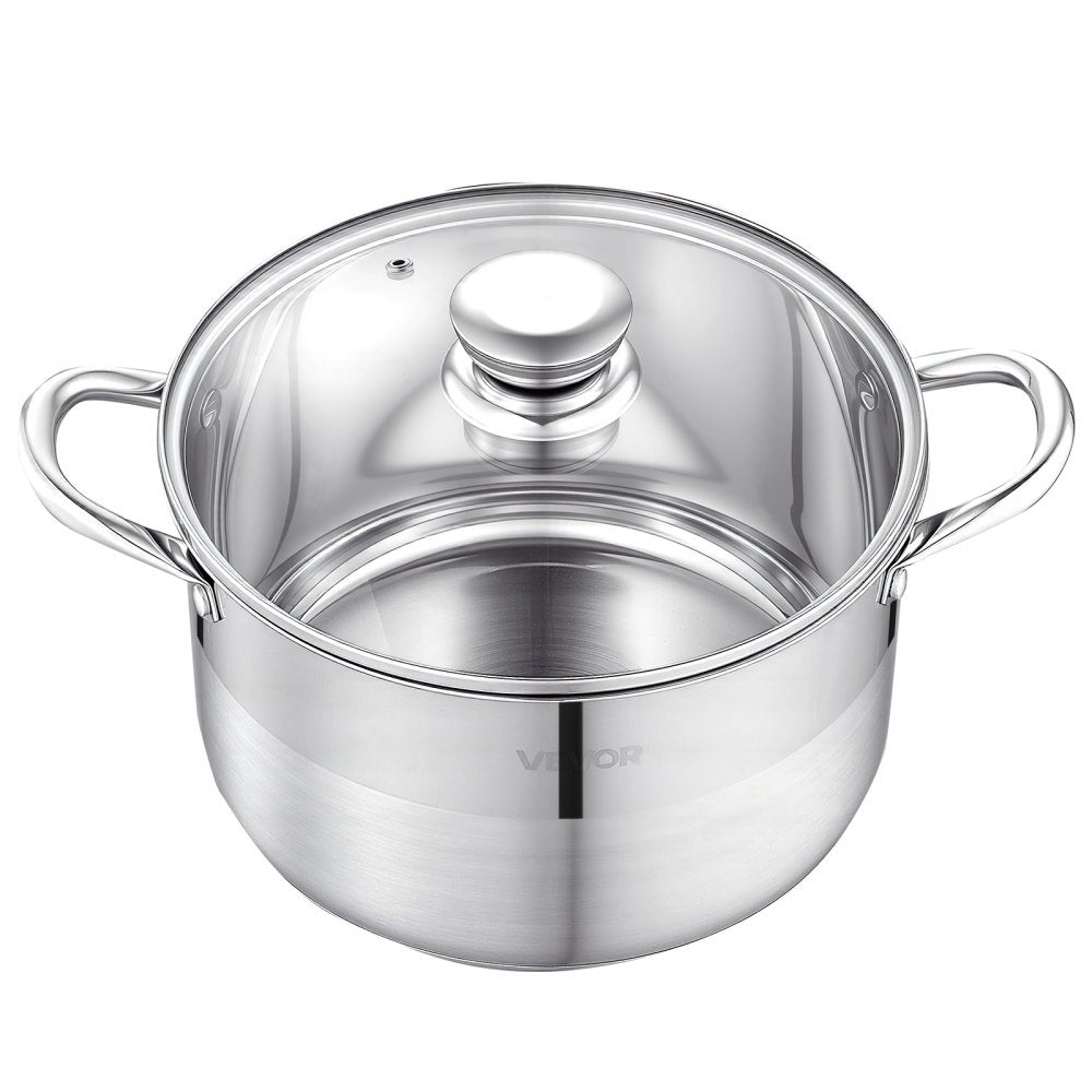 VEVOR Stainless Steel Stock Pot, 8-Quart Stainless Steel Stockpot with Glass Lid, PFOA-Free, PFAS-Free, Compatible with Gas Stoves, Induction Cooktops, Electric Stoves, for Soups, Stews, and Pasta