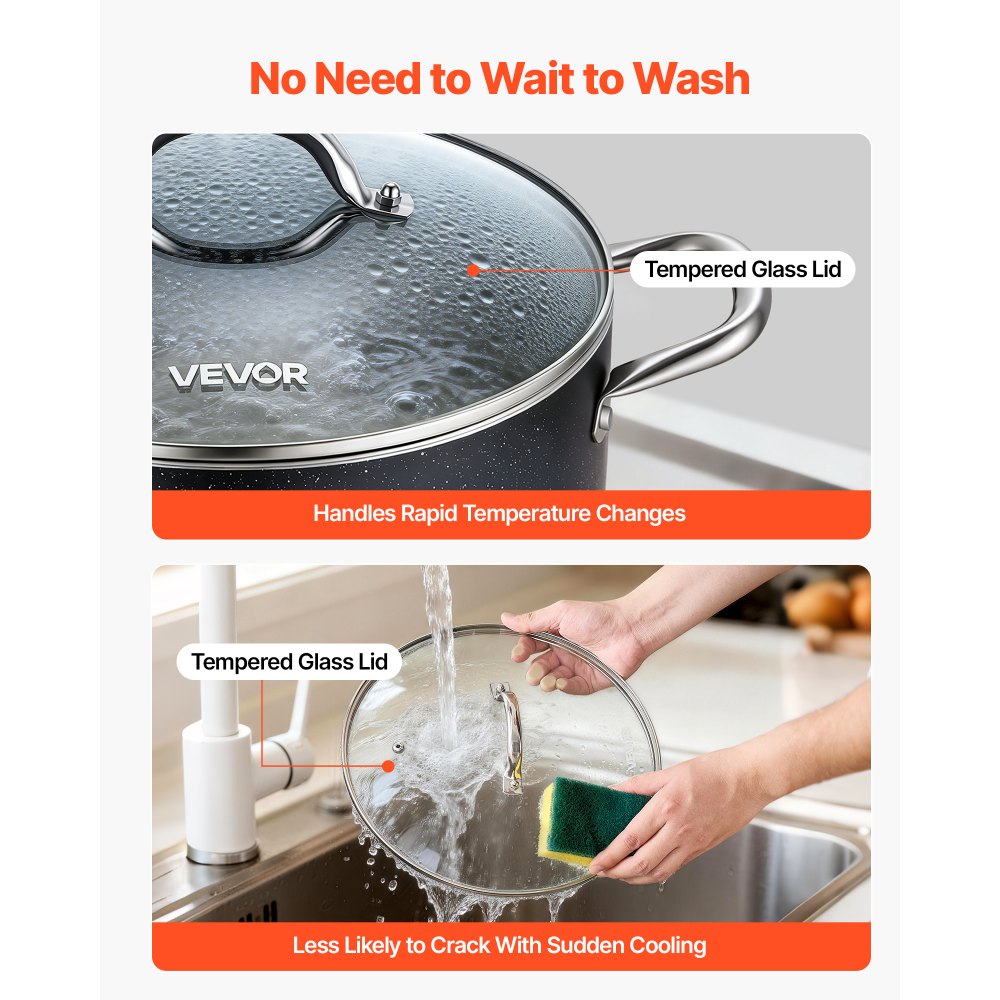 VEVOR Aluminum Stock Pot, 8-Quart Nonstick Ceramic Coated Pot with Glass Lid, PFOA-Free, PFAS-Free, Compatible with Gas Stoves, Induction Cooktops, Electric Stoves, for Soups, Stews, and Pasta