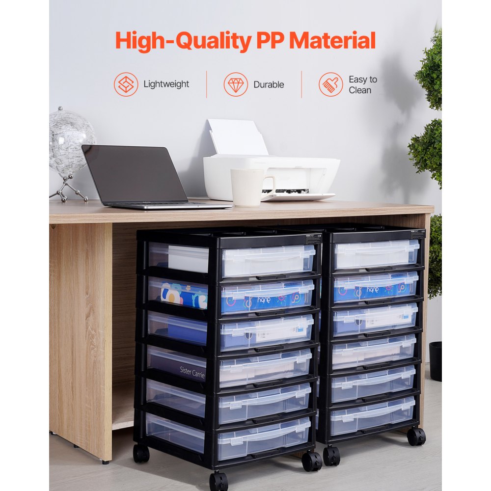 VEVOR Scrapbook Rolling Storage Cart, 6-Tier Large Capacity with Organizer Top, Black Frame with 4 Removable Wheels, PP Material Cart Only, Rolling Craft Storage for Office Arts and Crafts Supplies