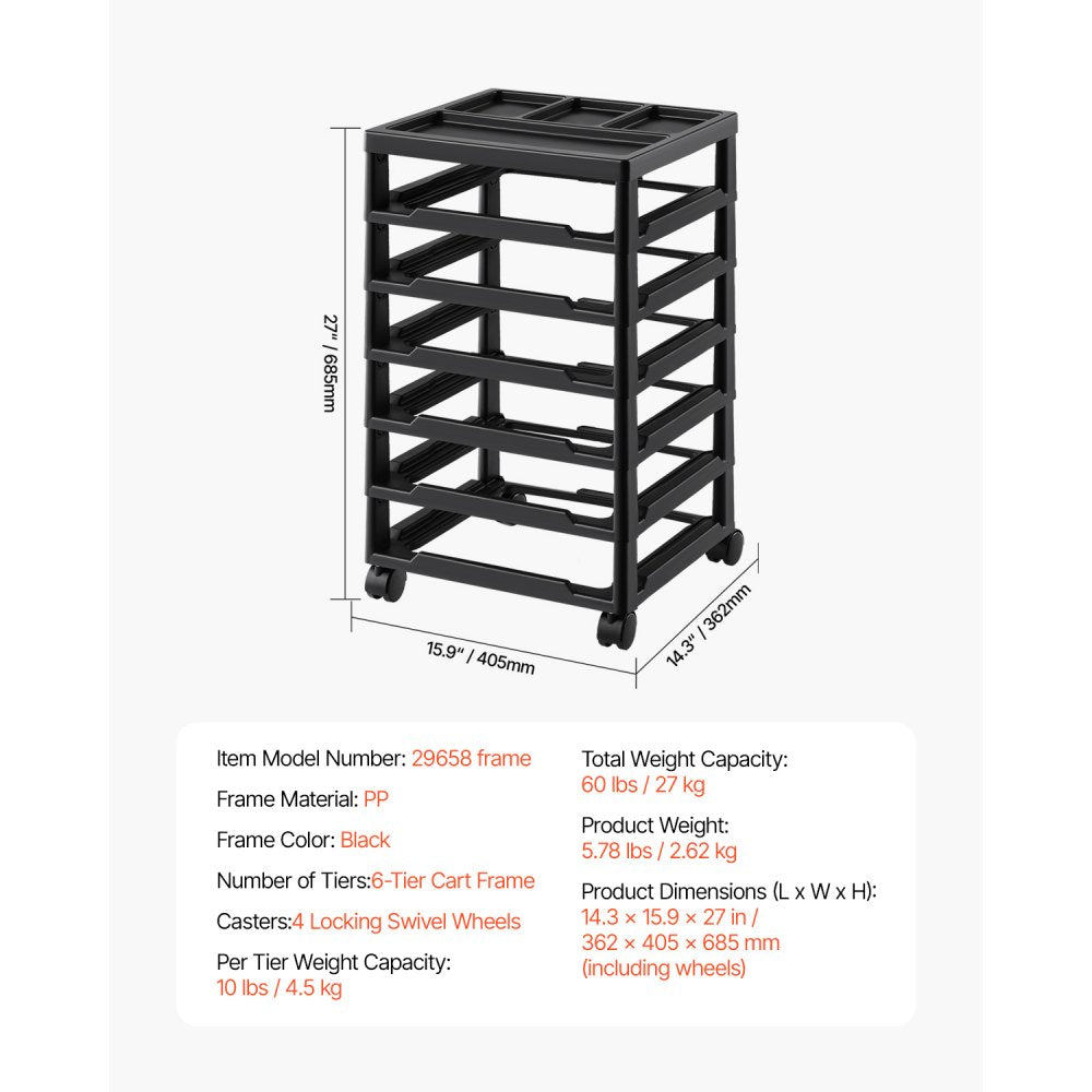 VEVOR Scrapbook Rolling Storage Cart, 6-Tier Large Capacity with Organizer Top, Black Frame with 4 Removable Wheels, PP Material Cart Only, Rolling Craft Storage for Office Arts and Crafts Supplies