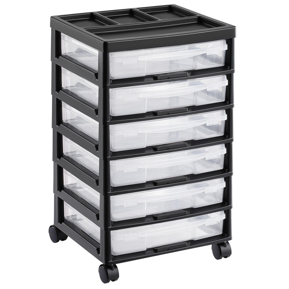 VEVOR Scrapbook Rolling Storage Cart, 6-Tier Large Capacity with Organizer Top, Black Frame with 6 Clear Cases and 4 Removable Wheels, Storage Organizer Rolling Cart for Arts and Crafts Supplies