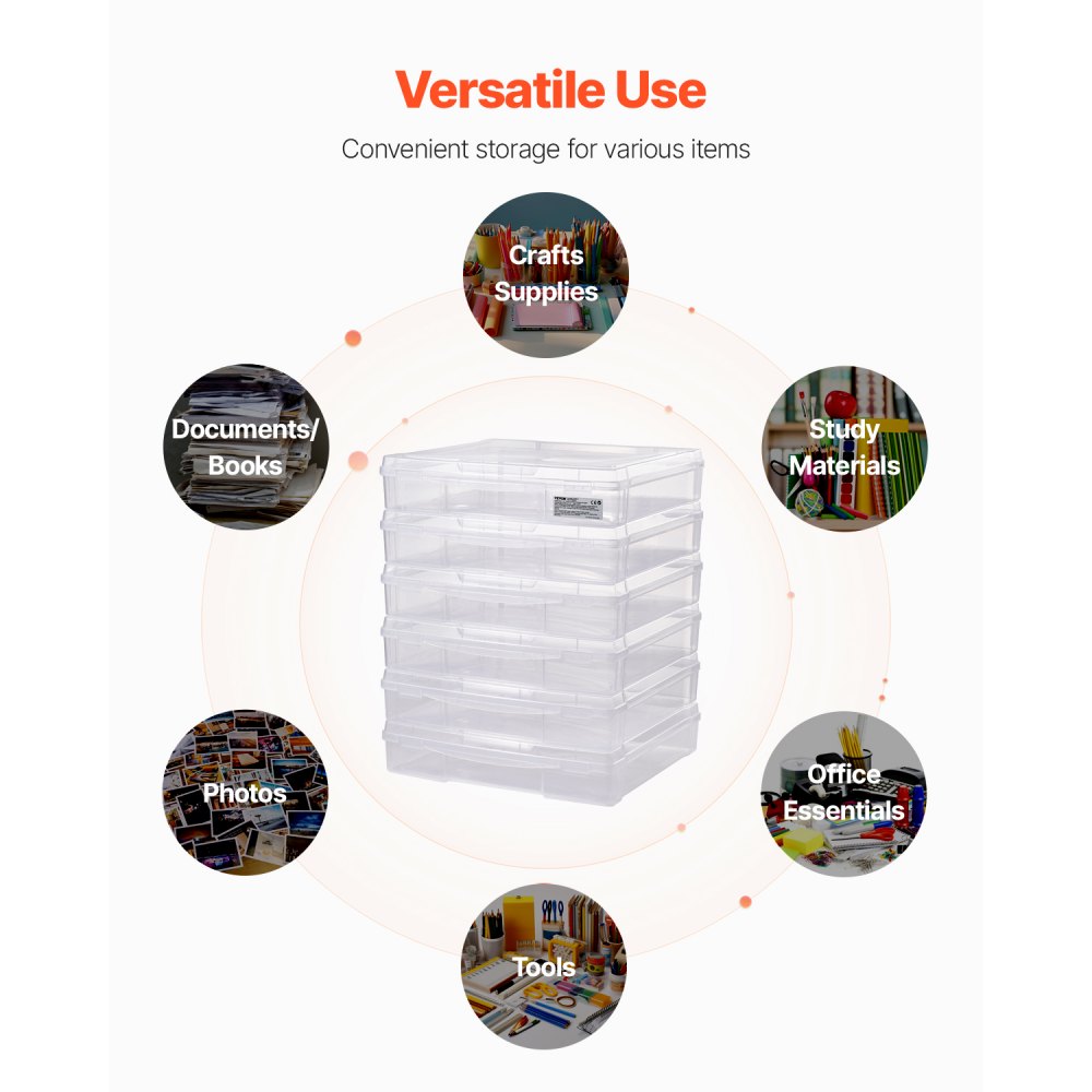 VEVOR Scrapbook Paper Storage, 6 Pack Stackable Plastic Board Game Boxes, Clear Multi-Purpose Document Case with Rounded Corners and Double Latches, for Office Essentials Tools Arts Crafts Supplies