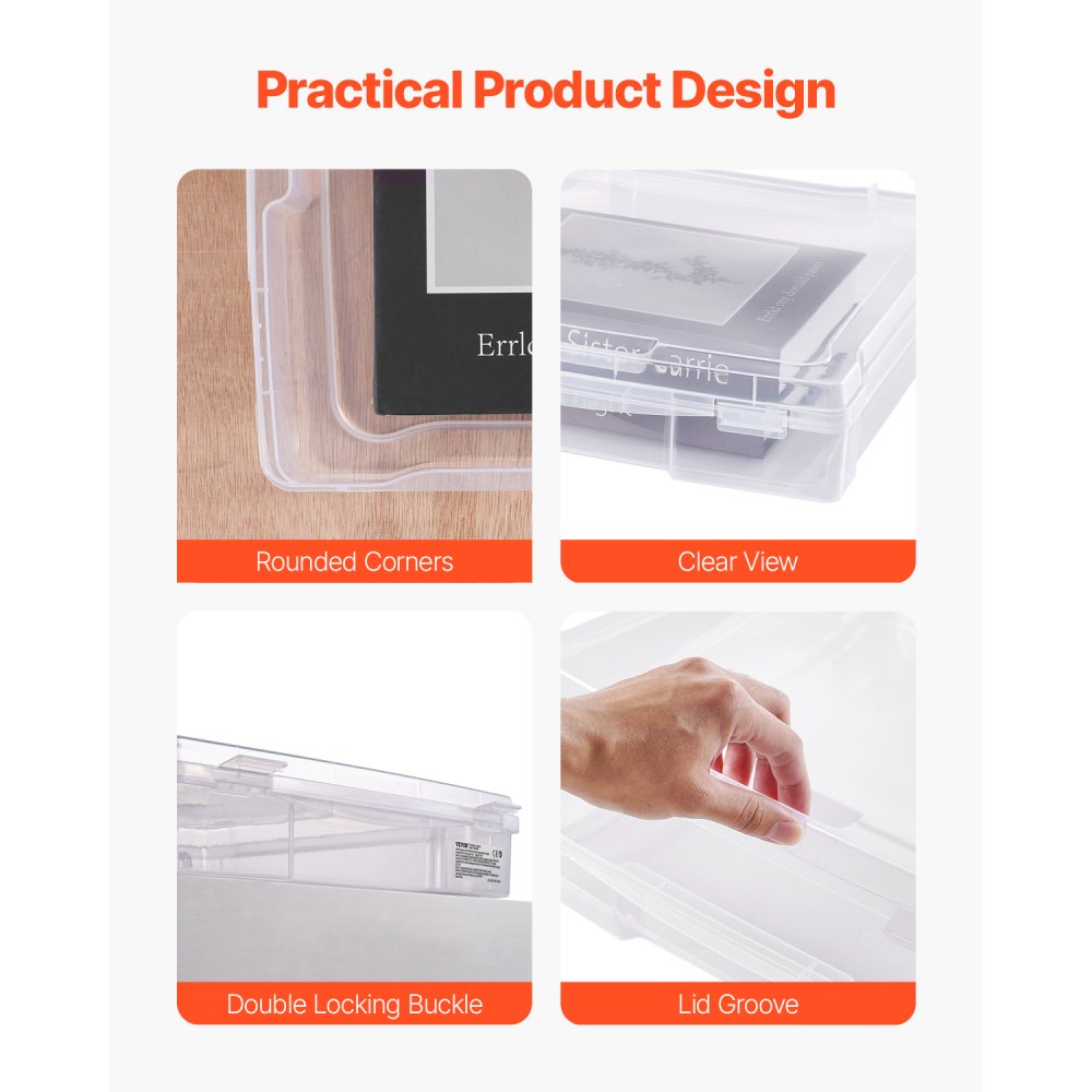 VEVOR Scrapbook Paper Storage, 4 Pack Stackable Plastic Board Game Boxes, Clear Multi-Purpose Document Case with Rounded Corners and Double Latches, for Office Essentials Tools Arts Crafts Supplies