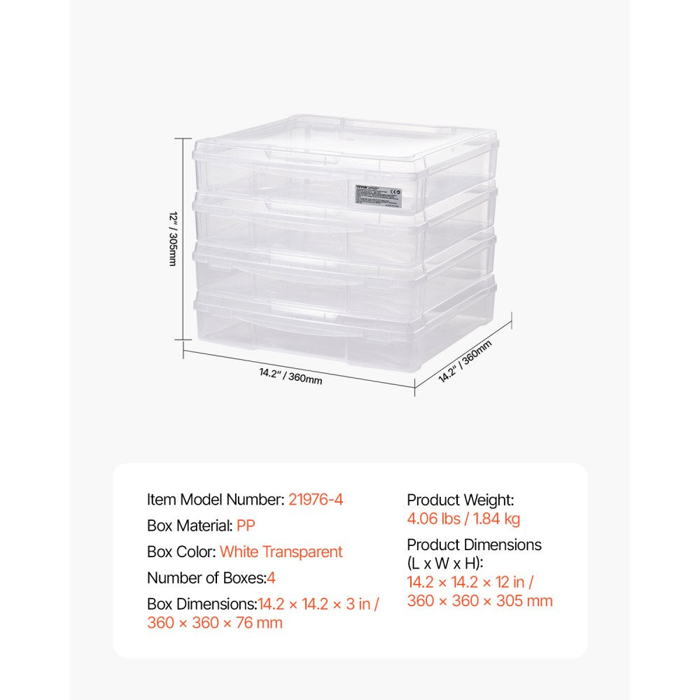 VEVOR Scrapbook Paper Storage, 4 Pack Stackable Plastic Board Game Boxes, Clear Multi-Purpose Document Case with Rounded Corners and Double Latches, for Office Essentials Tools Arts Crafts Supplies