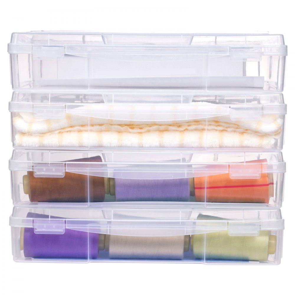 VEVOR Scrapbook Paper Storage, 4 Pack Stackable Plastic Board Game Boxes, Clear Multi-Purpose Document Case with Rounded Corners and Double Latches, for Office Essentials Tools Arts Crafts Supplies