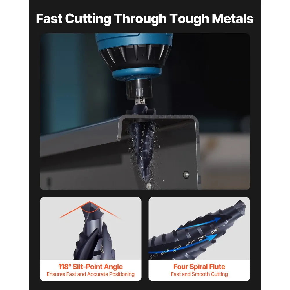 VEVOR Step Drill Bit, 1/4 to 3/4 inch, 1/4 inch Hex Shank, TiAlN Coating Cobalt HSS High Speed Steel, Four Spiral Flute Step Bit for Metal, Stainless Steel, Aluminum, Wood, Plastic, Fiberglass