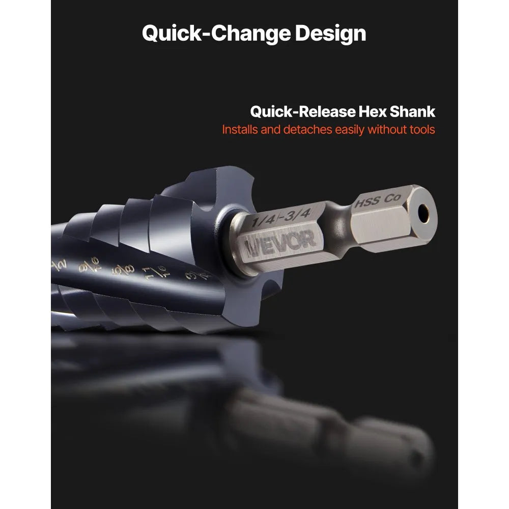 VEVOR Step Drill Bit, 1/4 to 3/4 inch, 1/4 inch Hex Shank, TiAlN Coating Cobalt HSS High Speed Steel, Four Spiral Flute Step Bit for Metal, Stainless Steel, Aluminum, Wood, Plastic, Fiberglass