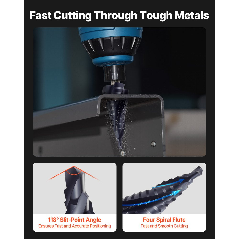 VEVOR Step Drill Bit, 3/16 to 7/8 inch, 1/4 inch Hex Shank, TiAlN Coating Cobalt HSS High Speed Steel, Four Spiral Flute Step Bit for Metal, Stainless Steel, Aluminum, Wood, Plastic, Fiberglass