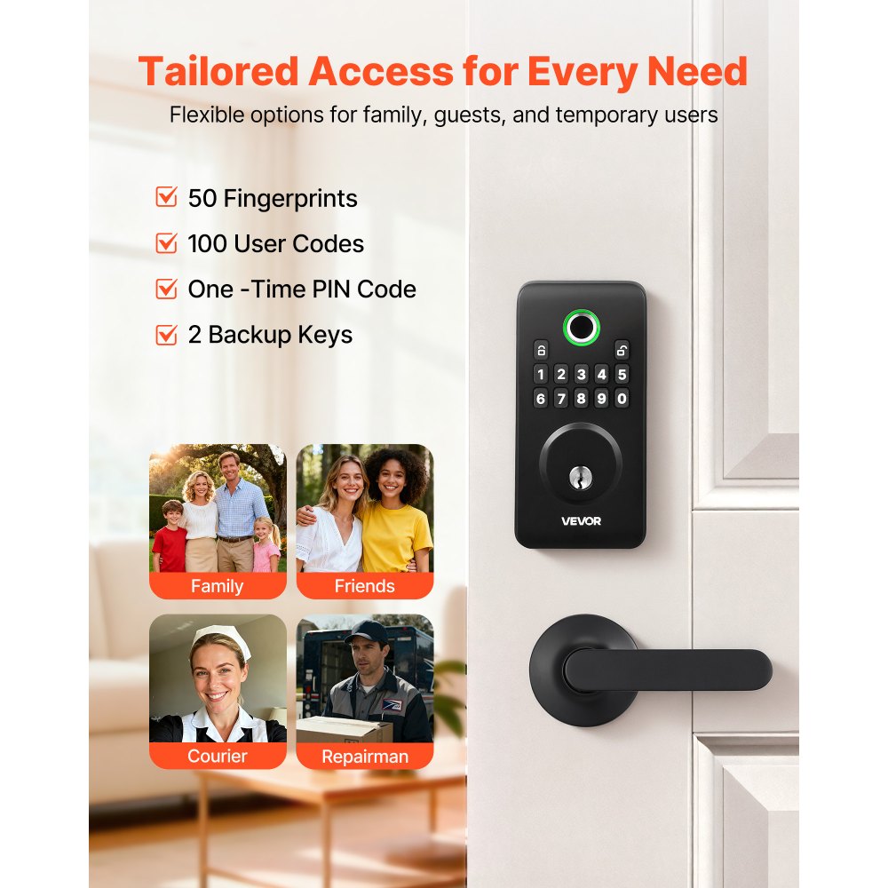 VEVOR Fingerprint Door Lock Set, Electronic Biometric Deadbolt Keyless Entry Door Lock with Handle, Pioneering Easy-Grip Design, Auto Locking, One-Time Code, Anti-Peeking Password, Matte Black