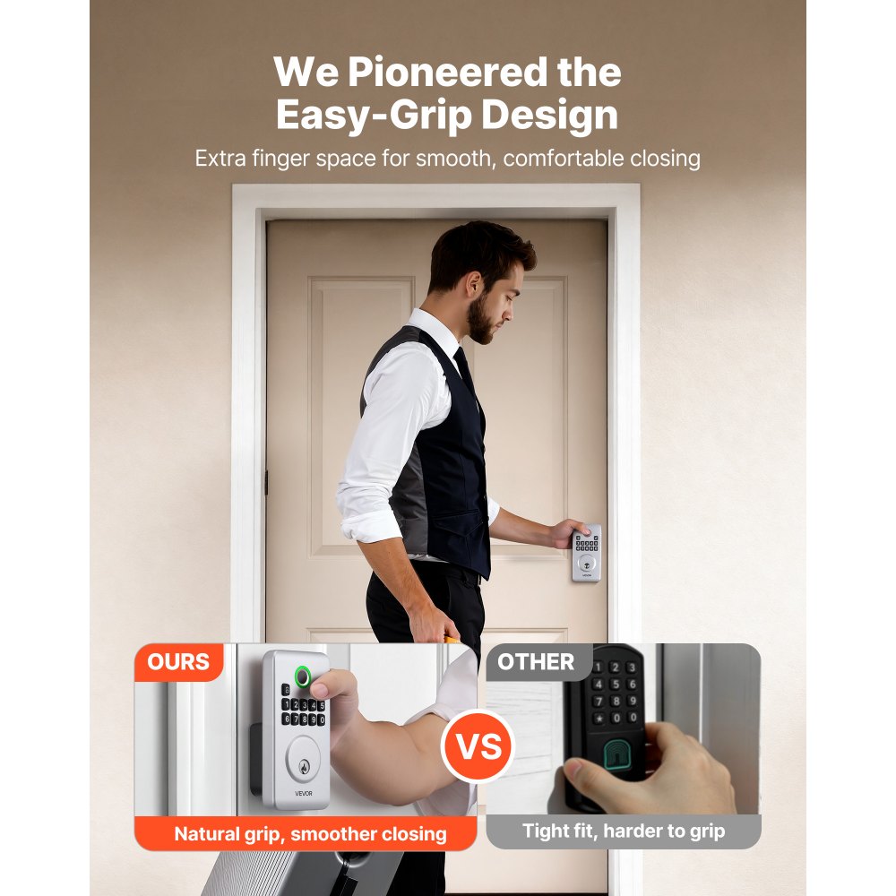 VEVOR Fingerprint Door Lock, Electronic Biometric Deadbolt with Pioneering Easy-Grip Design, Auto Locking, One-Time Code, Anti-Peeking Password, Keyless Entry Door Lock for Home, Apartment, Silver