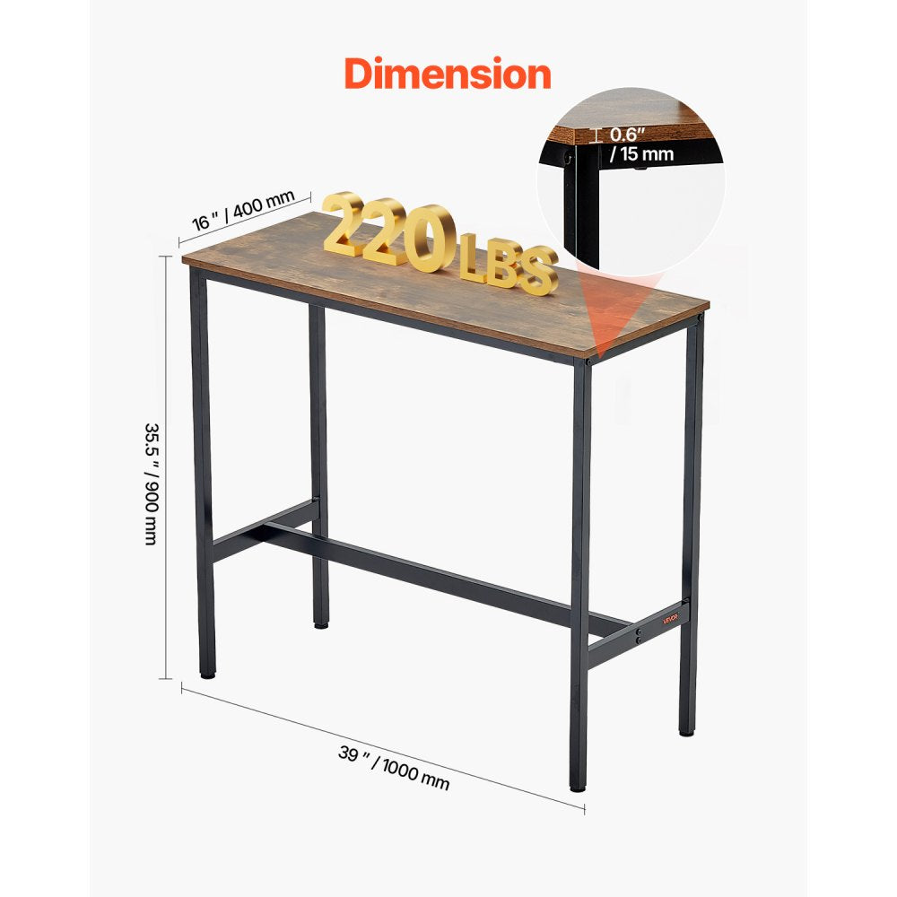 VEVOR Bar Table, Sturdy Metal Frame High Top Pub Table, Narrow Long Kitchen Dining, Cocktail Counter Bar Height Desk, Easy to Assemble,39x16x35.5 in, for Living Room Party, Rustic Brown and Black