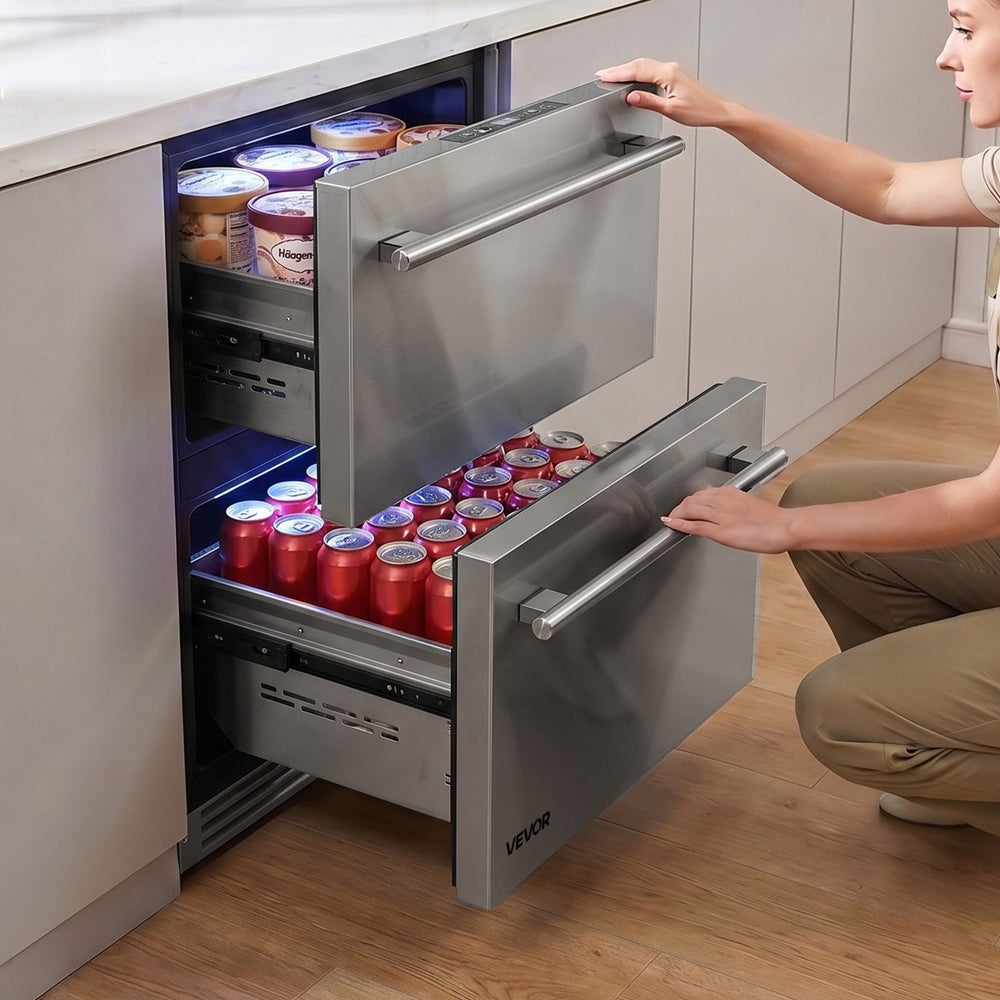 VEVOR Drawer Refrigerator with Freezer, 24 in Undercounter Fridge Freezer Combo, Beverage Cooler with 304 Stainless Steel Drawers, Freezing Section for Frozen Food, for Kitchen, Home Bar and Game Room
