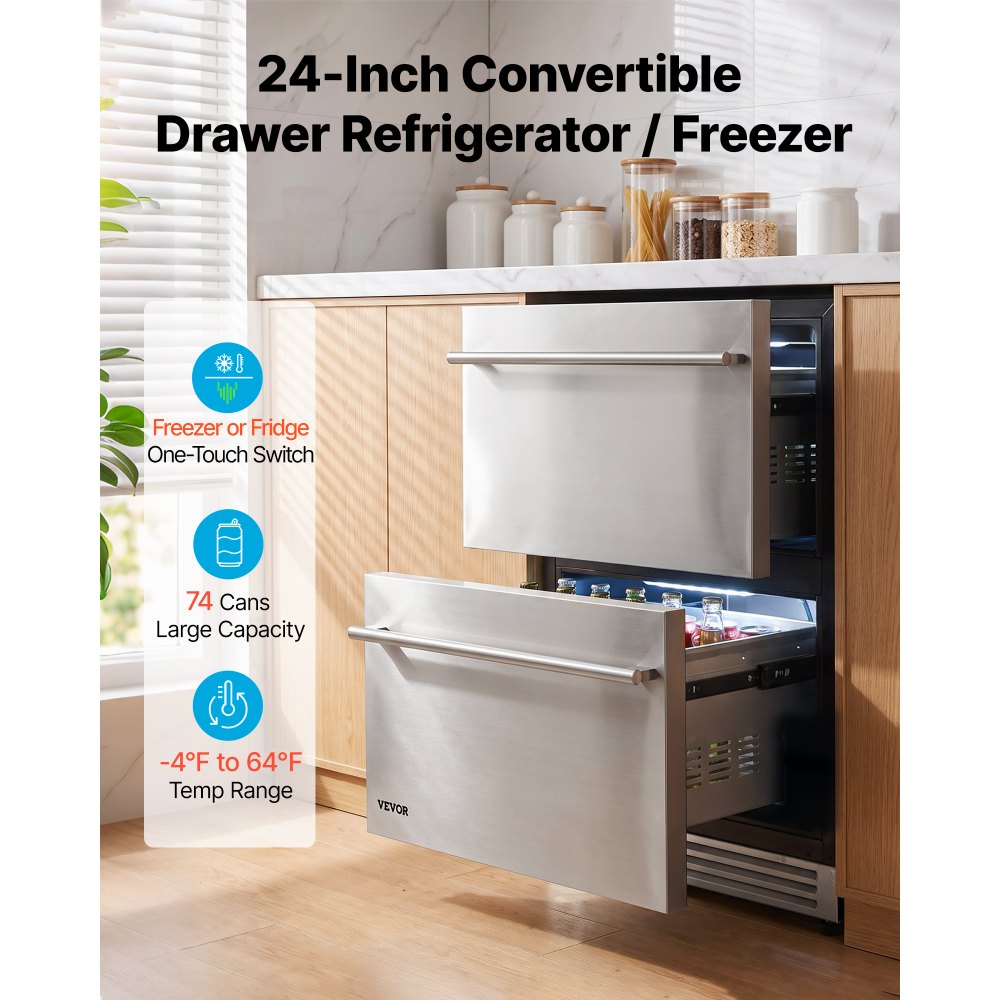 VEVOR 24" Convertible Drawer Fridge/Freezer, Undercounter Beverage Cooler, -4℉ to 64℉ Temp Range, Convertible Refrigerator/Freezer Mode, 304 Stainless Steel Drawer, Ideal for Kitchen, Bar & Garage