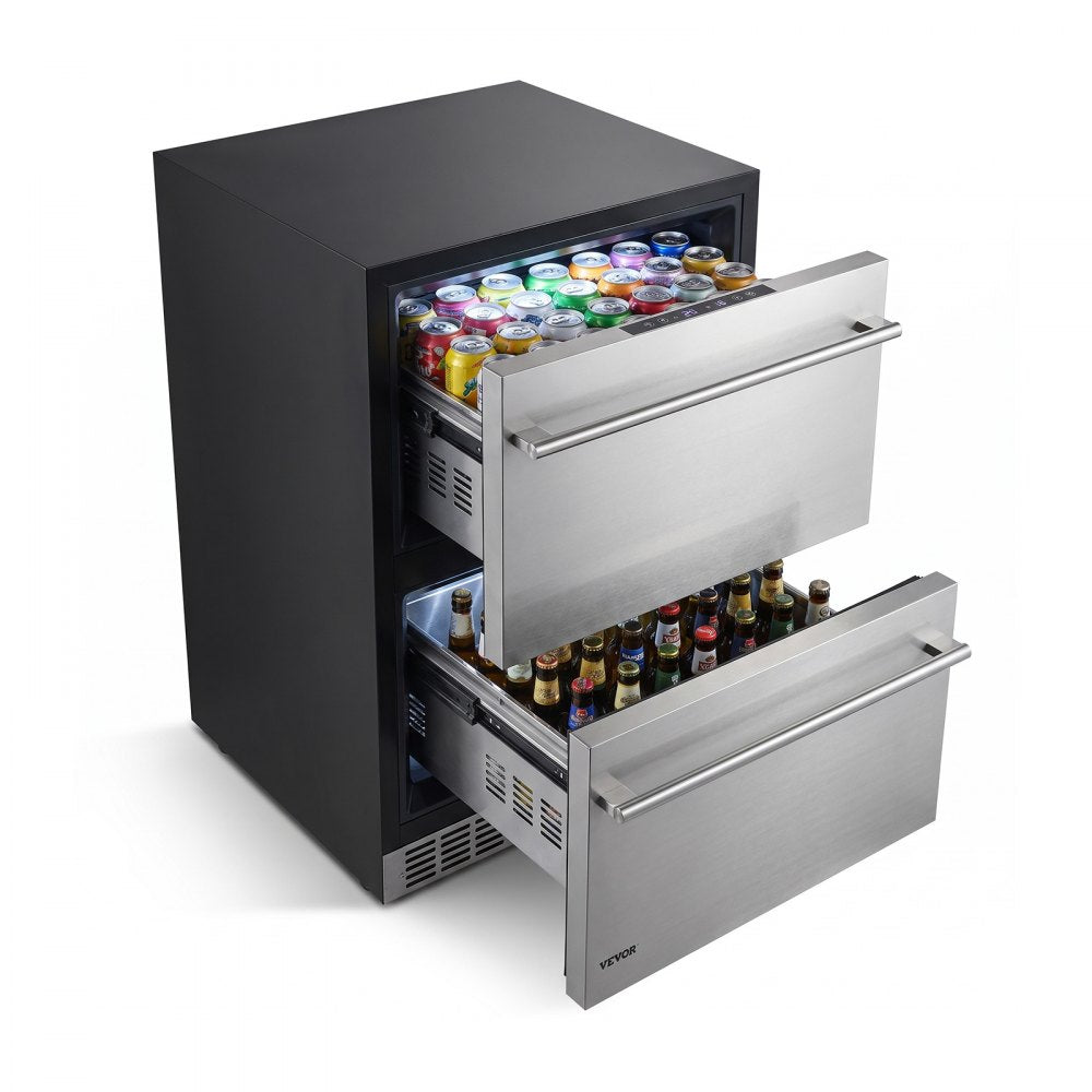 VEVOR 24" Convertible Drawer Fridge/Freezer, Undercounter Beverage Cooler, -4℉ to 64℉ Temp Range, Convertible Refrigerator/Freezer Mode, 304 Stainless Steel Drawer, Ideal for Kitchen, Bar & Garage
