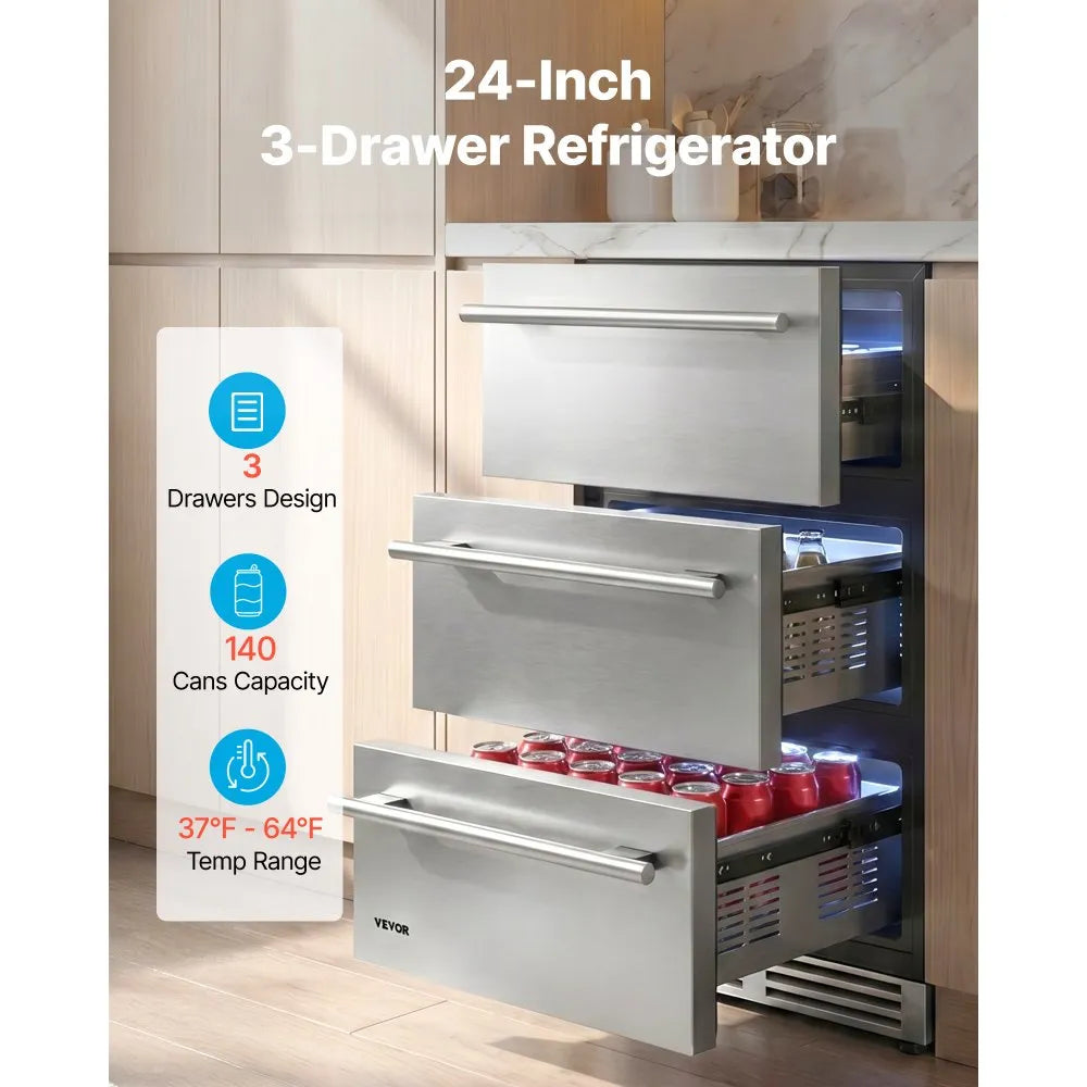 VEVOR 3-Drawer Refrigerator, 24 in Undercounter Beverage Cooler, Large Capacity Drink Fridge, 3 Separate Storage Zones, 304 Stainless Steel Drawers, Fast Cooling, for Kitchen, Game Room & Home Bar