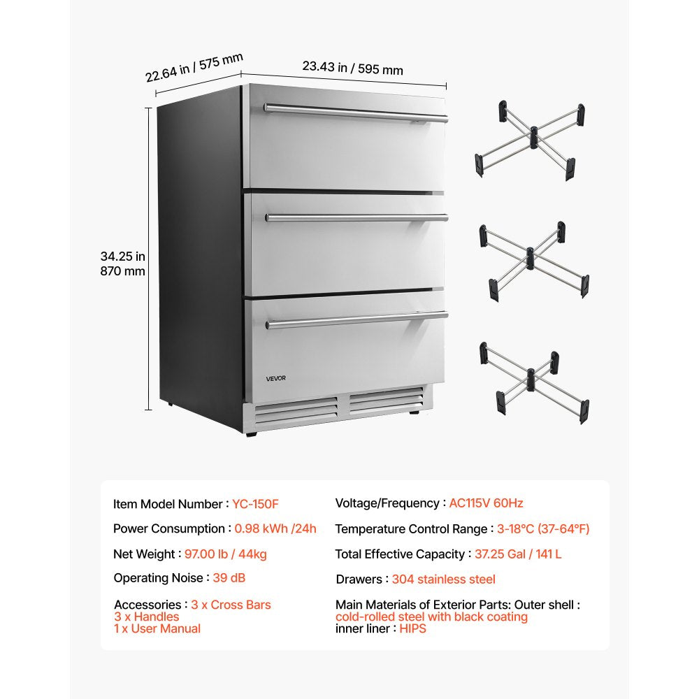 VEVOR 3-Drawer Refrigerator, 24 in Undercounter Beverage Cooler, Large Capacity Drink Fridge, 3 Separate Storage Zones, 304 Stainless Steel Drawers, Fast Cooling, for Kitchen, Game Room & Home Bar