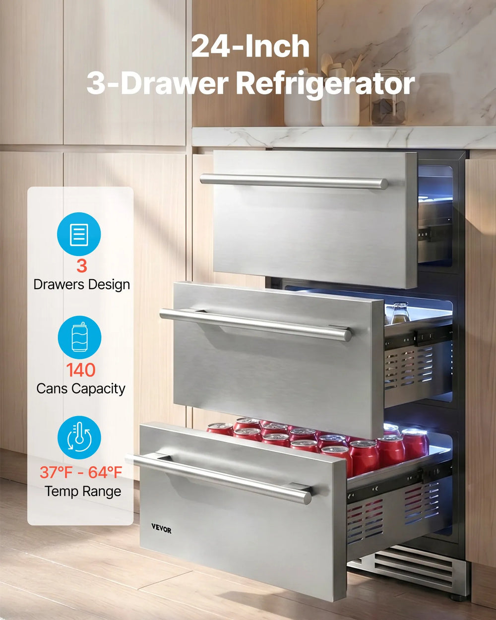 VEVOR 3-Drawer Refrigerator, 24 in Undercounter Beverage Cooler, Large Capacity Drink Fridge, 3 Separate Storage Zones, 304 Stainless Steel Drawers, Fast Cooling, for Kitchen, Game Room & Home Bar