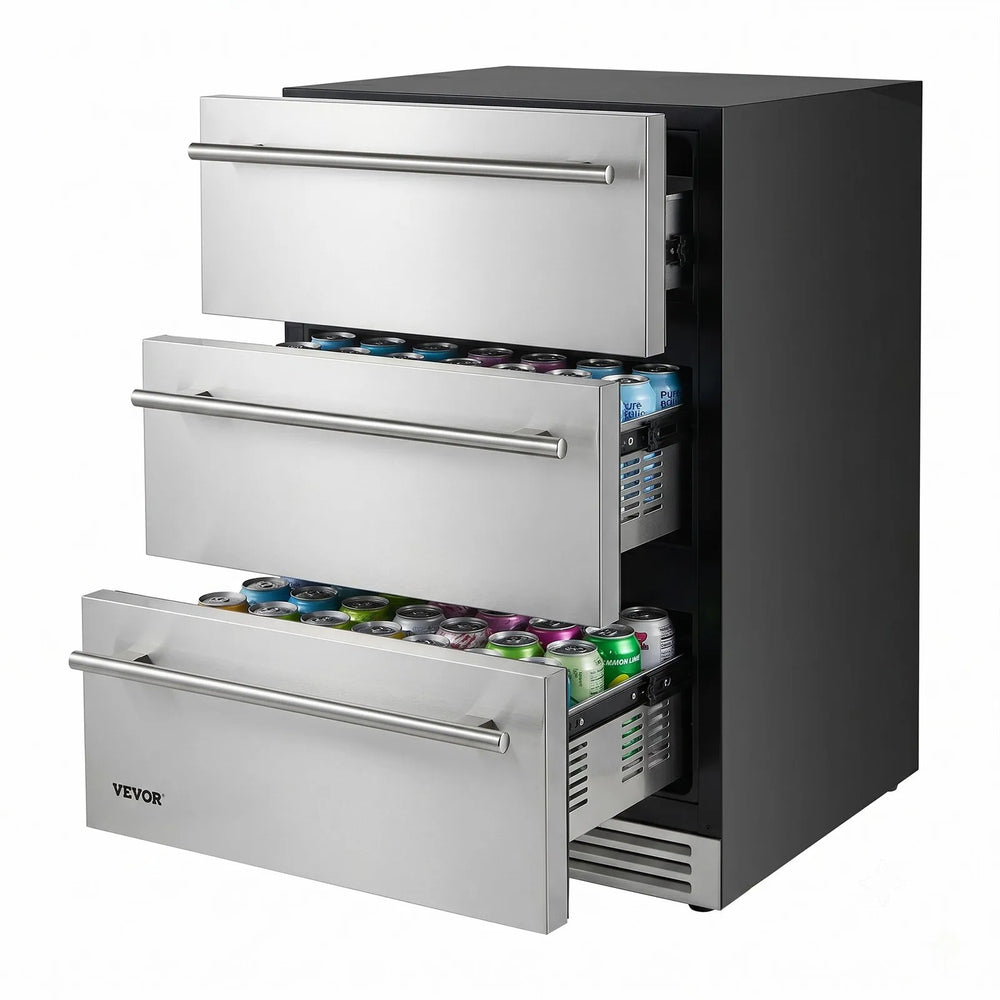 VEVOR 3-Drawer Refrigerator, 24 in Undercounter Beverage Cooler, Large Capacity Drink Fridge, 3 Separate Storage Zones, 304 Stainless Steel Drawers, Fast Cooling, for Kitchen, Game Room & Home Bar
