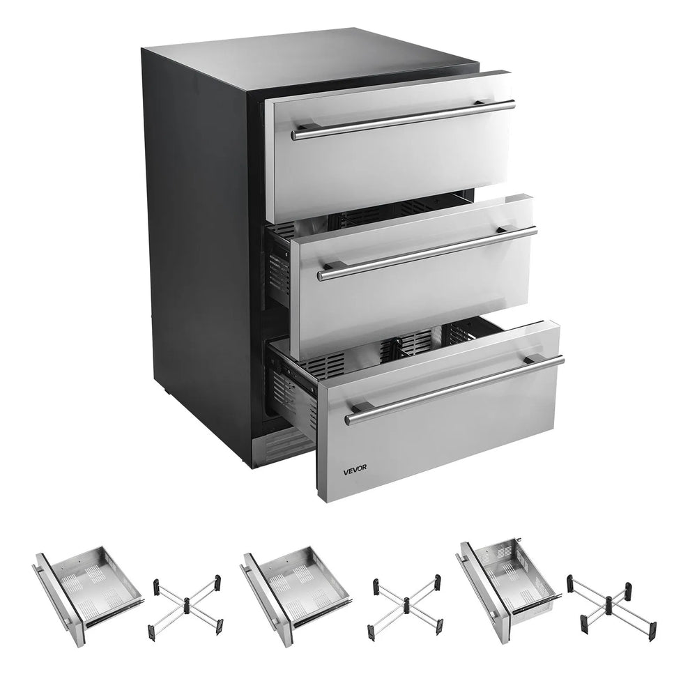 VEVOR 3-Drawer Refrigerator, 24 in Undercounter Beverage Cooler, Large Capacity Drink Fridge, 3 Separate Storage Zones, 304 Stainless Steel Drawers, Fast Cooling, for Kitchen, Game Room & Home Bar