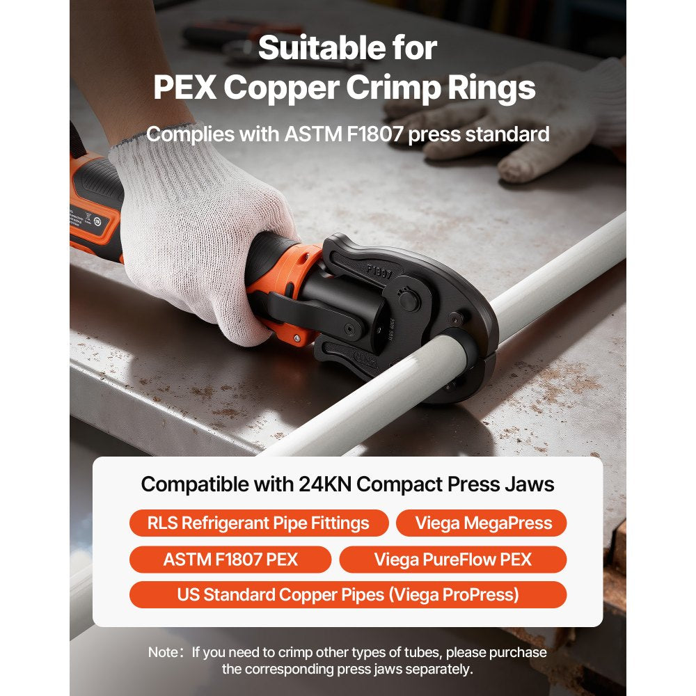 VEVOR Cordless Mini Press Tool, 18V Electric Pipe Crimping Tool for 1/2", 3/4", 1" PEX Pipe Copper Rings, 24KN PEX Press Tool with 2pcs Battery, Fast Charger & Carrying Case - Meet ASTM F1807 Standard